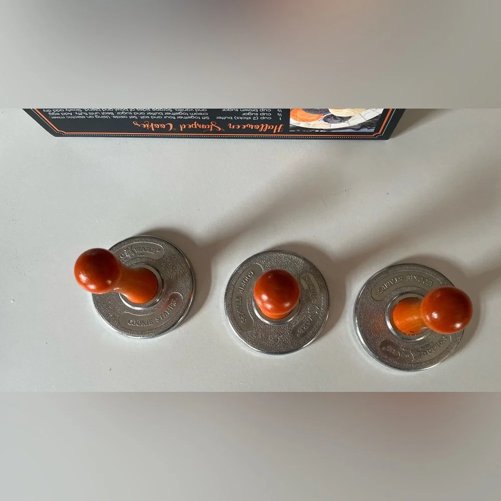 Nordic ware Halloween Cookie Stamps Set of three Cat on Moon, Spider, & Pumpkin.
